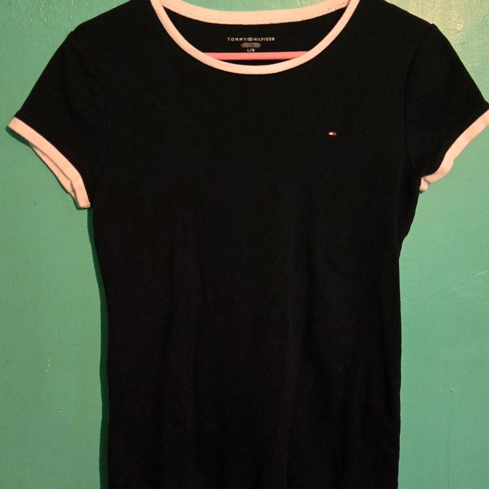 Tommy Hilfiger Navy & White Short Sleeve Crew Tee Size L- 100% Cotton